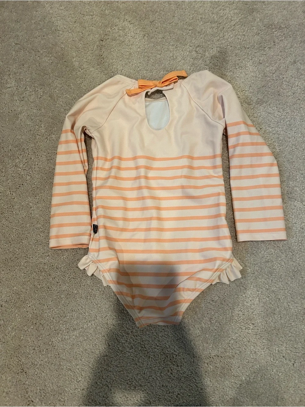 Girls Peach & Cream Striped Long-Sleeve One-Piece Swimsuit with Ruffle Hem